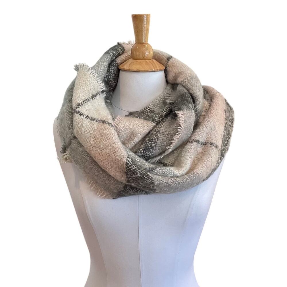 Ann Taylor Plaid Infinity Scarf, Cream, Pink, Gray, Fringe Trim, Classic, OS